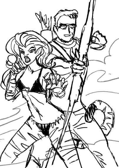 My sketch, based on a Black Canary and Green Arrow cover