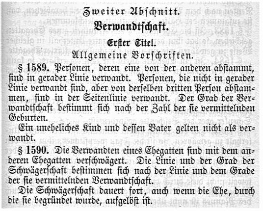 "Verwandtschaft" im BGB von 1902, Kopie des Textes der §§ 1589 und 1590