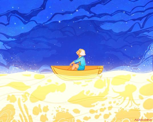 Illustration of a young woman on a small boat in the middle of the glowing Light Sea. She is sitting down, looking up at the sky that’s full of wispy clouds and stars. The waters below the boat are shining bright and only the silhouettes of the creatures that live there are visible moving around.