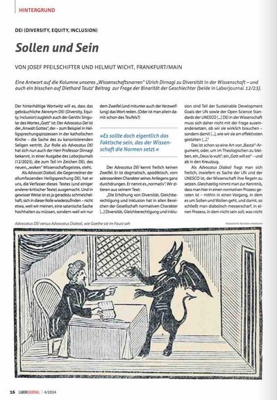 Startseite des im Post verlinkten Print-Artikels mit Überschrift "Sollen und Sein" sowie Vorspann und ersten Sätzen des Textes. Unten als Illustration ein Holzschnitt von Goethes Faust und Mephisto.