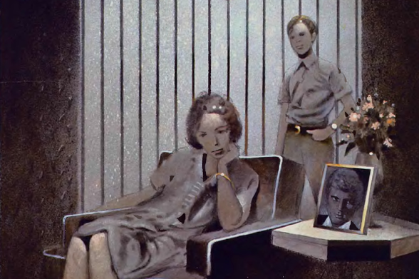 1974 A Moment of Reflection

"In this painting, a man and woman share a moment in a modern living room.
The man is engrossed in the photo of a young boy placed on a stand.
The woman sits comfortably with her legs crossed, observing the man's interest in the photo.
They are both seated on a sleek, low-to-the-ground couch, which contrasts with their attire.
The room is well-lit and features contemporary furniture and decor.
The overall mood of the painting is one of quiet contemplation and shared history."