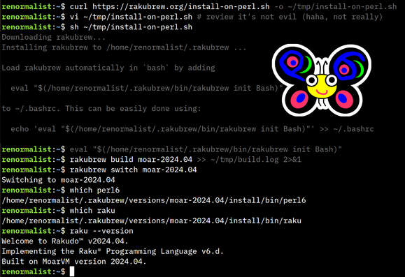 Screenshot with install procedure.
A colorful butterfly, the Perl6 logo, is printed over it.