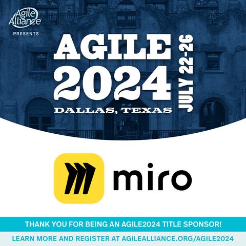 Agile2024 logo on a blue background, and the miro logo on white backgrond