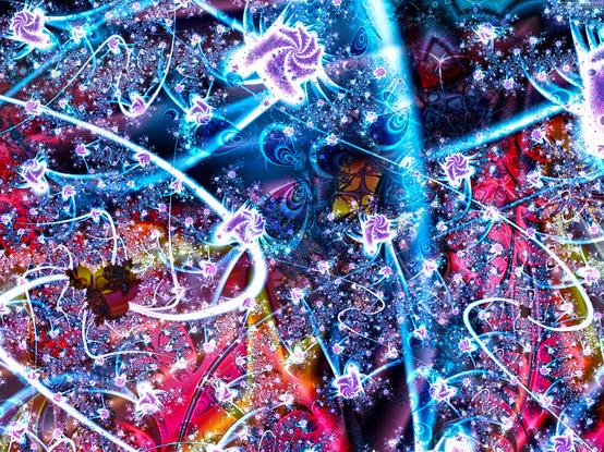 Curtain-like fractal colors and puffy swirls in white over red, orange, blue and purple