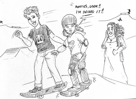 Pen drawing of two women helping a child learn to skateboard.