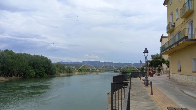 Passeig d'Ebre a Móra d'Ebre amb el riu i pont al fons. / Ebre promenade at Móra d'Ebre with view of the river and the bridge in the background.