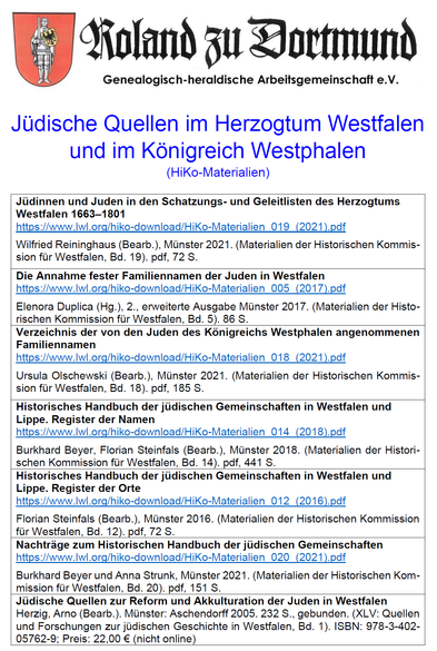Screenshot der Literaturliste zu jüdischen Quellen im Herzogtum Westfalen und im Königreich Westphalen