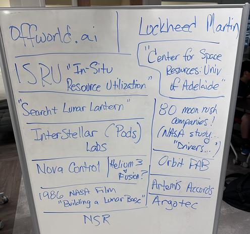 Whiteboard with handwritten notes about space-related topics including lunar resources, companies, and projects.