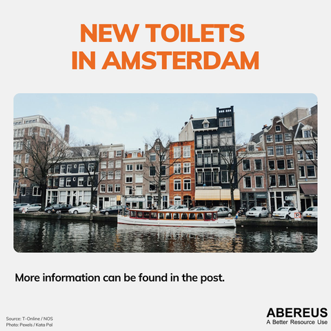 In the middle of the picture, there is a photo of a row of houses in Amsterdam. In front of the houses are some parked cars and then a canal with a boat going by.
Above the photo is the text "New toilets in Amsterdam" as well as the logo of Abereus.