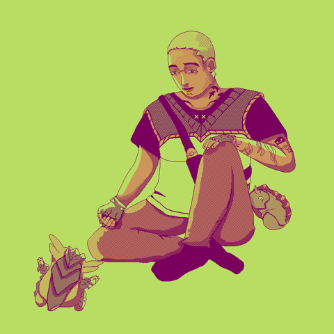 A 3-color pixel art illustration of Gekko from Valorant. He's a young man with very short green hair and light brown skin, with dolphin tattoos on his neck and various tattoos and flame-like marks on his arms, wearing fingerless gloves, tight trousers and a colorful sleeveless sweater with many different patterns over a dark t-shirt. He's sitting down, one leg crossed and the other with a knee up to his chest, and he's reaching his hand out with a fond smile to one of his little monster buddies, a spiky boy named Wingman, as another one, a floating little reptile named Dizzy, nuzzles its head up to his side affectionately.
The drawing is carefully shaded with combinations of green, orange and deep reddish purple, with select use of screentones to give impressions of different patterns and shades, creating an effect of high color contrast that also changes depending on the level of compression of the image.