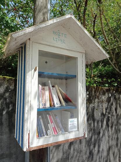 Casier vitré en forme de maisonnette, dont seulement deux étagères sur trois garnies de livres.
La peinture est écaillée et la boîte un peu défraîchie.