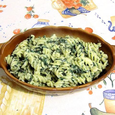 In einer ovalen, braunen Keramikschale befinden sich Fusilli-Nudeln, die mit einer grünen Brennnesselsauce vermischt sind. Die Sauce erscheint cremig und ist gleichmäßig über die spiraligen Nudeln verteilt. Die Schale steht auf einem Tisch mit einer Tischdecke, die mit einem fruchtigen und floralen Muster bedruckt ist.