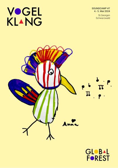 Flyer of the Vogelklang-Soundcamp Festival showing a hand drawn Bird by kids and the date and logo of the festival