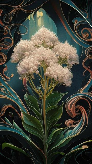 « Generated by ideogramai »
(flower of Chionanthus retusus), a group of small white flowers, (something elusive), Mysterious Flower, (Fauvism Art), high quality, highly detailed, fantasy, Alphonse Mucha's art nouveau lines,brite color