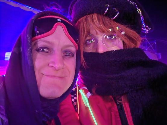 Selfie of Red Rabbit and I. We are both dressed for dust protection and for warmth. Bisexual Lighting