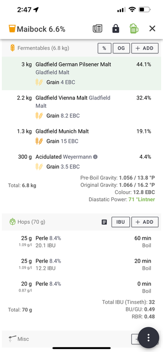 The recipe for the beer listing the malts used (Pilsner, Vienna and Munich) and the hops (Perle)