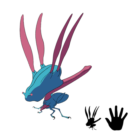 a dragonfly like alien creature
size comparison shows it to be roughly the size of a human hand
it looks like dragonfly with a simple mostly featureless head w two eye stalks. it has four thin wings on its muscular back
the apparent tail is tightly folded so that the tip points forward. at the tip of the tail there is what looks like a cross between a baby chick and a spider. the cephalothorax of the chick attaches to the tip of the dragonfly tail at the top. in front of the attachment there is a small red bump, at the front of the cephalothorax there is a bird like beak. to the sides are two pairs of skinny insect like legs. behind the legs there is a small rabbit ear like structure. the abdomen has a small set of lips on the dorsal surface proximal to the cephalothorax and a bigger set of lips at the distal end, the lower lip being more developed