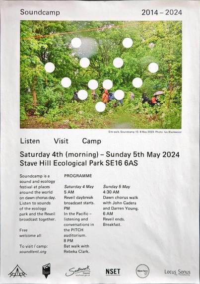 Soundcamp 2024 flyer with photo of people walking through woods and schedule as in linked website.
