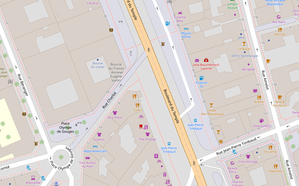 Carte openstreetmap https://www.openstreetmap.org/#map=19/48.86510/2.36560

indiquant l'emplacement de la Bourse du Travail à Paris (29 boulevard du Temple 75003 Paris)