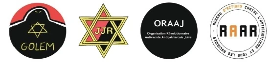 De gauche à droite, les logos des 4 organisations

- golem (https://collectif-golem.frama.io/golem/)
- JJR (https://jjr.frama.io/juivesetjuifsrevolutionnaires) 
- ORAAJ (https://oraaj.frama.io/oraaj-info)
- RAAR (https://raar.frama.io/linkertree/)