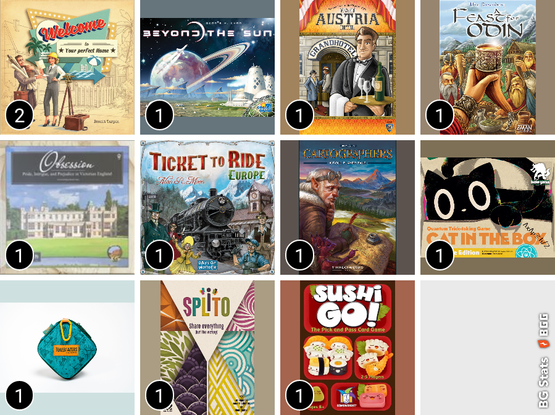 Online plays continued
BG Stats 4 x 4.
Play count:
2: Welcome To...;
1: Beyond the Sun;
1: Grand Austria Hotel;
1: A Feast for Odin;
1: Obsession;
1: Ticket to Ride: Europe;
1: Cartographers;
1: Cat in the Box: Deluxe Edition;
1: Trailblazers: Super Travel Edition;
1: Splito;
1: Sushi Go!;