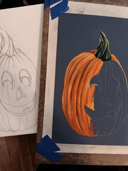 A pencil sketch on the left and partially done pastel art on the right depicting a funny faced Halloween pumpkin.