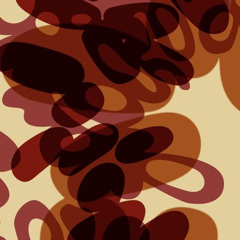 Close-up section of repeat fabric pattern made up of burgandy red lozenge shapes overlapping crimson red loopy shapes and ochre-orange large lozenges on a pale yellow background.