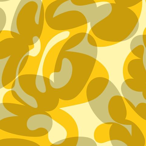 Close-up detail of a repeat fabric pattern of abstract loopy shapes in golden yellow over greyish green pale lozenges on a pale yellow background.
