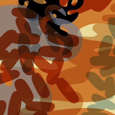 Close-up detail of a fabric repeat pattern depicting abstract plumes of flame and charred squiggly forms. Lots of semi-transparent lozenges in crimson red, orange, yellow, and grey.