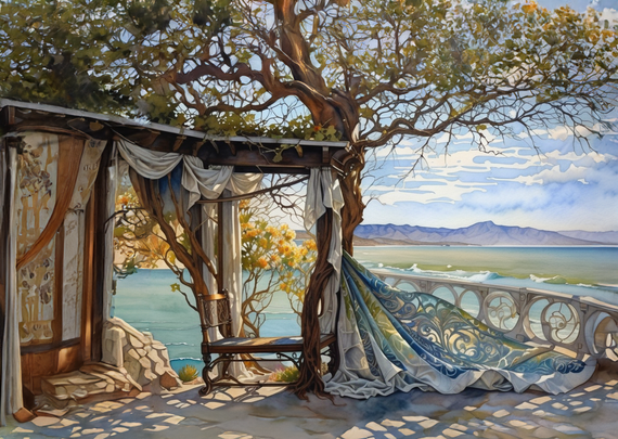 An open terrace in the shade of an old tree, with draping curtains and a wooden bench, overlooking a expansive view of the sea and distant mountains.