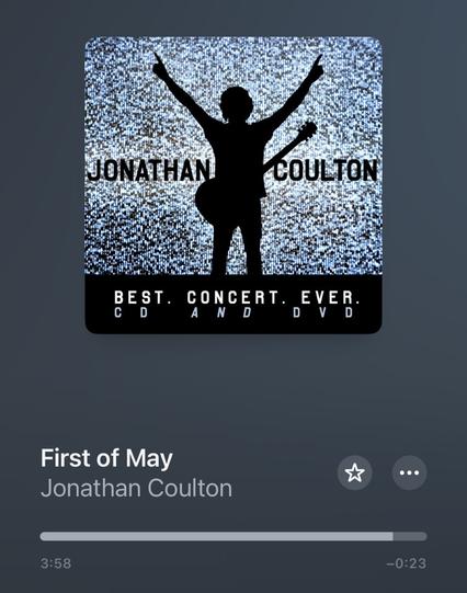 Screenshot of the iOS Music app with Jonathan Coulton’s album “Best Concert Ever”.  The song playing is “First of May”.