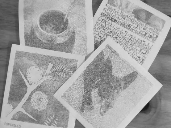 4 imágenes de 1 bit, impresas en papel de rollo tinta negra. Arriba izquierda es un mate, arriba derecha es una imagen glitch, abajo izquierda es un espinillo, abajo derecha es un perro.