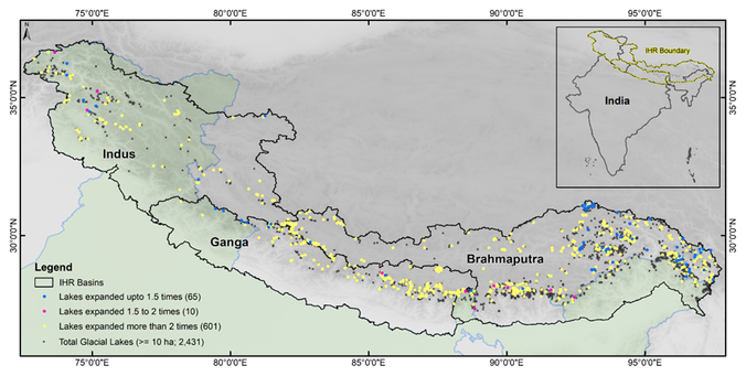 map - glacial lakes and IHR basins, India Himalayas