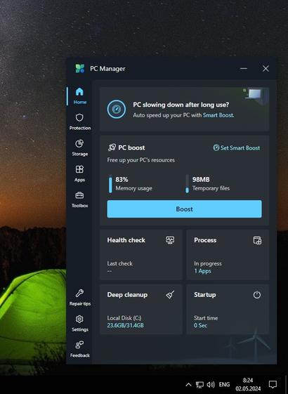 Вікно програми PC Manager у правому нижньому куті робочого столу