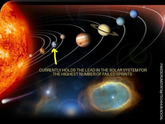 Illustration of planetary arrangement in our solar system. An arrow points to Earth with the label "Currently holds the lead in the solar system for the highest number of failed sprints"