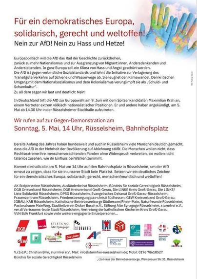 langer Aufruf zur anti-AfD- Demo am 5. Mai in Rüsselsheim. Alles nur Text.