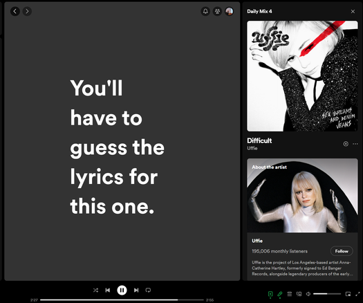 A screenshot of the Spotify app. The music playing is Uffie's "Difficult." The lyrics screen says, in large font, "You'll have to guess the lyrics for this one."