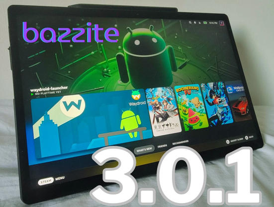 Graphic displaying a computer with Bazzite in Game Mode that announces the release of Bazzite 3.0.1