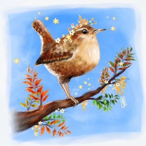 Dessin digital d’un petit oiseau brun-beige inspiré par le troglodyte mignon. L’oiseau est perché sur une branche ornée de feuilles dont les coloris vont du rouge au vert en passant par le orange, et de petites fleurs blanches et jaunes. Des petites fleurs blanches et jaunes sont posées sur la tête et le dos de l’oiseau et flottent dans l’air en se détachant sur le ciel bleu.