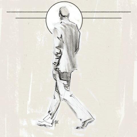 figure sketch, man in suit walking, drawing in pencil
