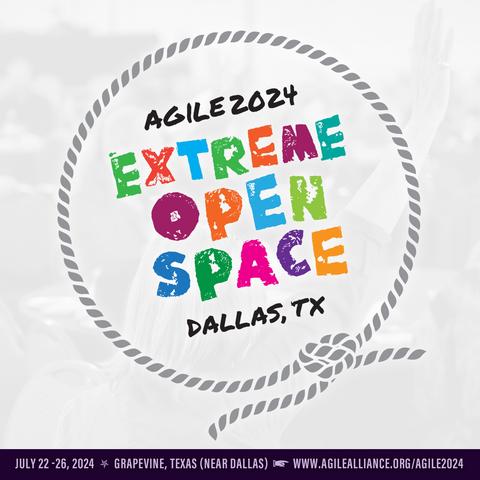 Agile2024 Extreme Open Space logotype with each letter in a different bright color center in a graphic lasso rope ring