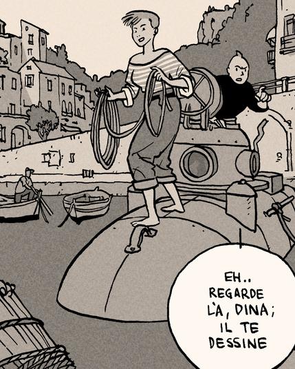 Saindo da escotilha de um submarino atracado, Freddy Lombard aponta para o leitor e diz: "Eh.. Regarde là, Dina; il te dessine." Dina mais à frente e sobre o convés olha na direção apontada enquanto arruma uns cabos.