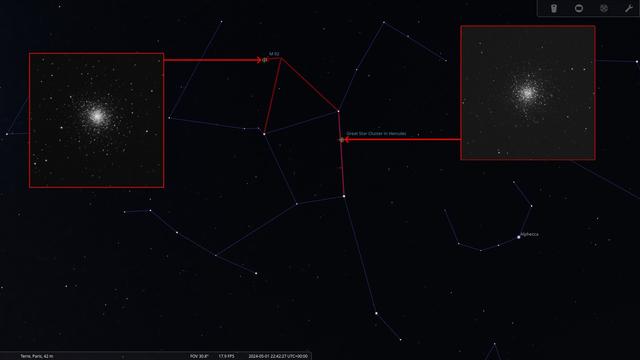 Dessin de la constellation d'Hercule avec le nord en haut. Au centre de la constellation se trouvent quatre étoiles de luminosités semblables formant un trapèze un peu plus large en haut qu'en bas. Sur le bord droit du trapèze, M13 se trouve au niveau du premier tiers. En ce qui concerne M92 on peut la repérer en prenant repère avec les 2 étoiles au nord du trapèze. M92 est proche de former un triangle équilatéral avec ces deux étoiles. Sur l'image, des agrandissements montrent des photographies des amas. Il s'agit de groupements très denses d'étoiles.