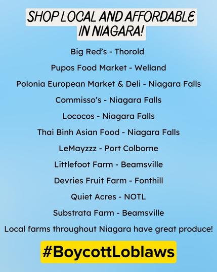 Light blue poster with large black text highlighted in a newspapery off-white at the top reading, "SHOP LOCAL AND AFFORDABLE IN St. Catharines!" This is followed by a list of local grocers in smaller font:
"Big Red’s - Thorold 

Pupos Food Market - Welland

Polonia European Market & Deli - Niagara Falls

Commisso’s - Niagara Falls

Lococos - Niagara Falls

Thai Binh Asian Food - Niagara Falls

LeMayzzz - Port Colborne

Littlefoot Farm - Beamsville

Devries Fruit Farm - Fonthill

Quiet Acres - NOTL

Substrata Farm - Beamsville

Local farms throughout Niagara have great produce!"

Finally, #Boy