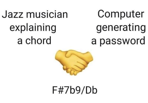 Jazz musician explaining a chord 🤝 computer generating a password

“F#7b9/Db”