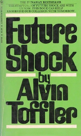 One of the many colorways of Alvin Toffler's 1970 sociological exploration "Future Shock," this one the lime green variant.