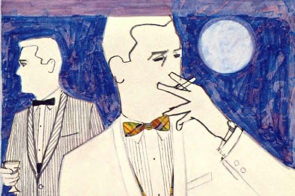1963 Nightlife Artwork - Vintage Illustration of Men and Cigarette

This is an image of a vintage illustration featuring two men in suits with bow ties, holding cigarettes.
One man is standing, while the other appears to be seated.
They are set against a background depicting a nighttime scene with a blue sky and silhouettes of buildings.
The art style is reminiscent of mid-20th century poster art.
