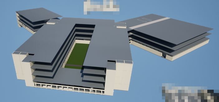 A screenshot of a large building from the game I am making. The first floor is complete and multiple floors have been added above the ground floor to help visualize the overall size of the building.