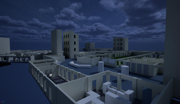 A screenshot of the first floor of the building in my game with a lot of rooms visible. It is night time and there are clouds visible in the night sky. There is a fair amount of lighting from a full moon, not pictured in the screenshot.