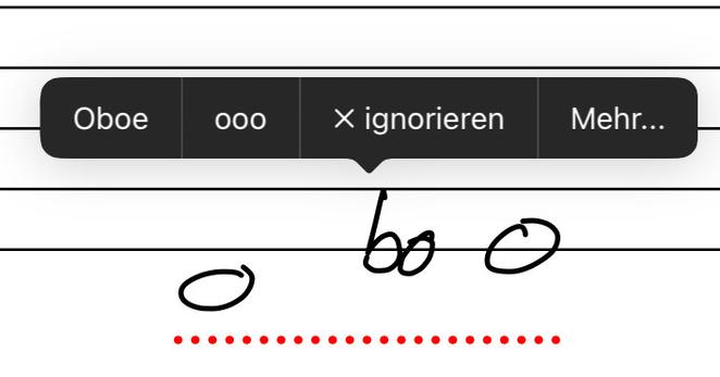 Drei Töne in einem Notensystem, d, es und e. Das Rechtschreibprogramm von Goodnotes schlägt vor, es in Oboe zu ändern.
